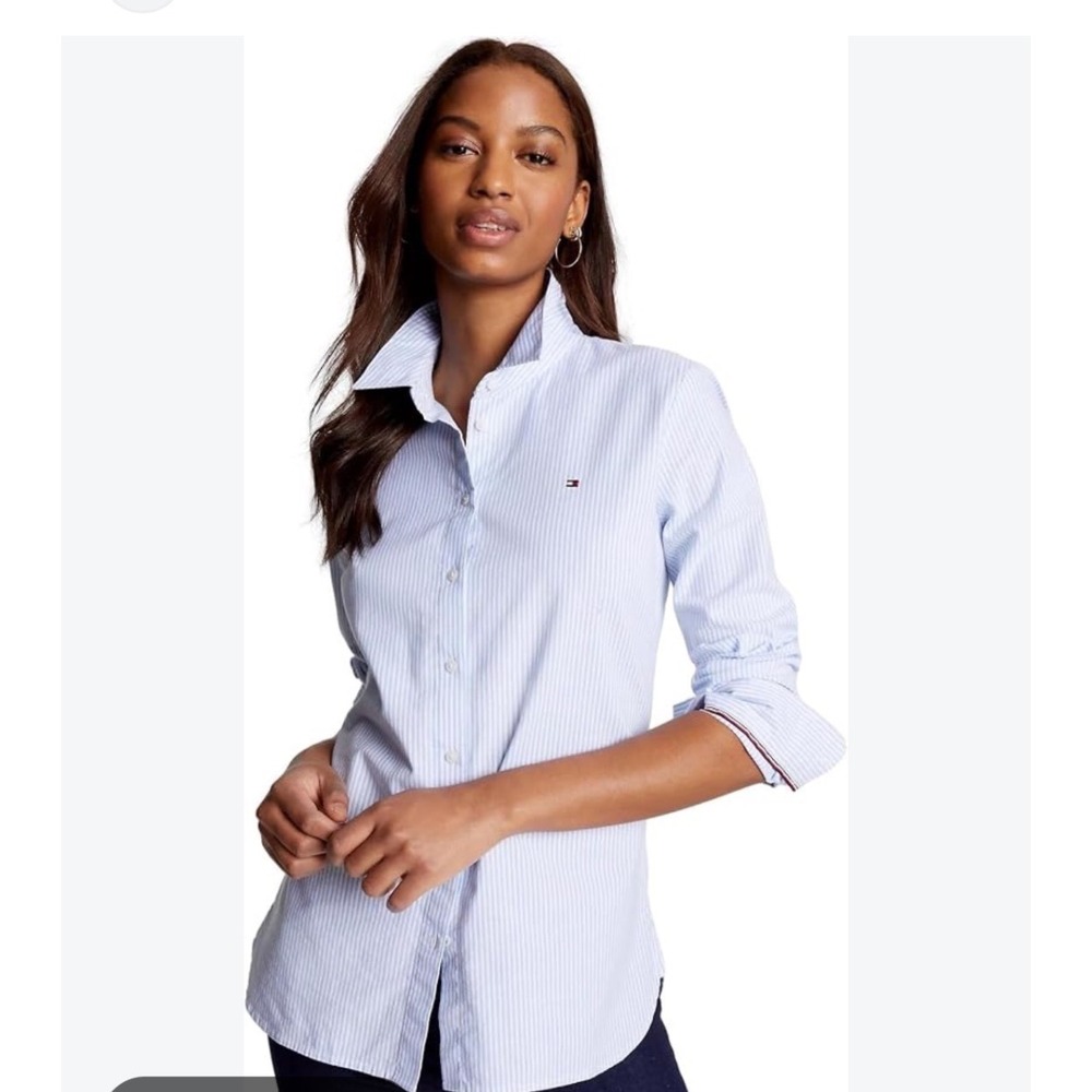 Tommy Hilfiger Womens Blue White Pinstripe Roll Tab Sleeve Button Down Shirt XL